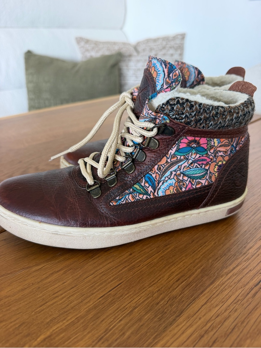 INKKAS BRAND - Women’s Brown Faux-Leather High-Top Sneakers with Floral Accent